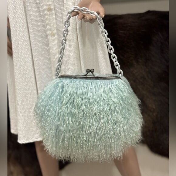Aqua Handmade Real Mongolian Lamb Fur Kisslock Wristlet/Shoulder Bag, Crossbody - Picture 5 of 16